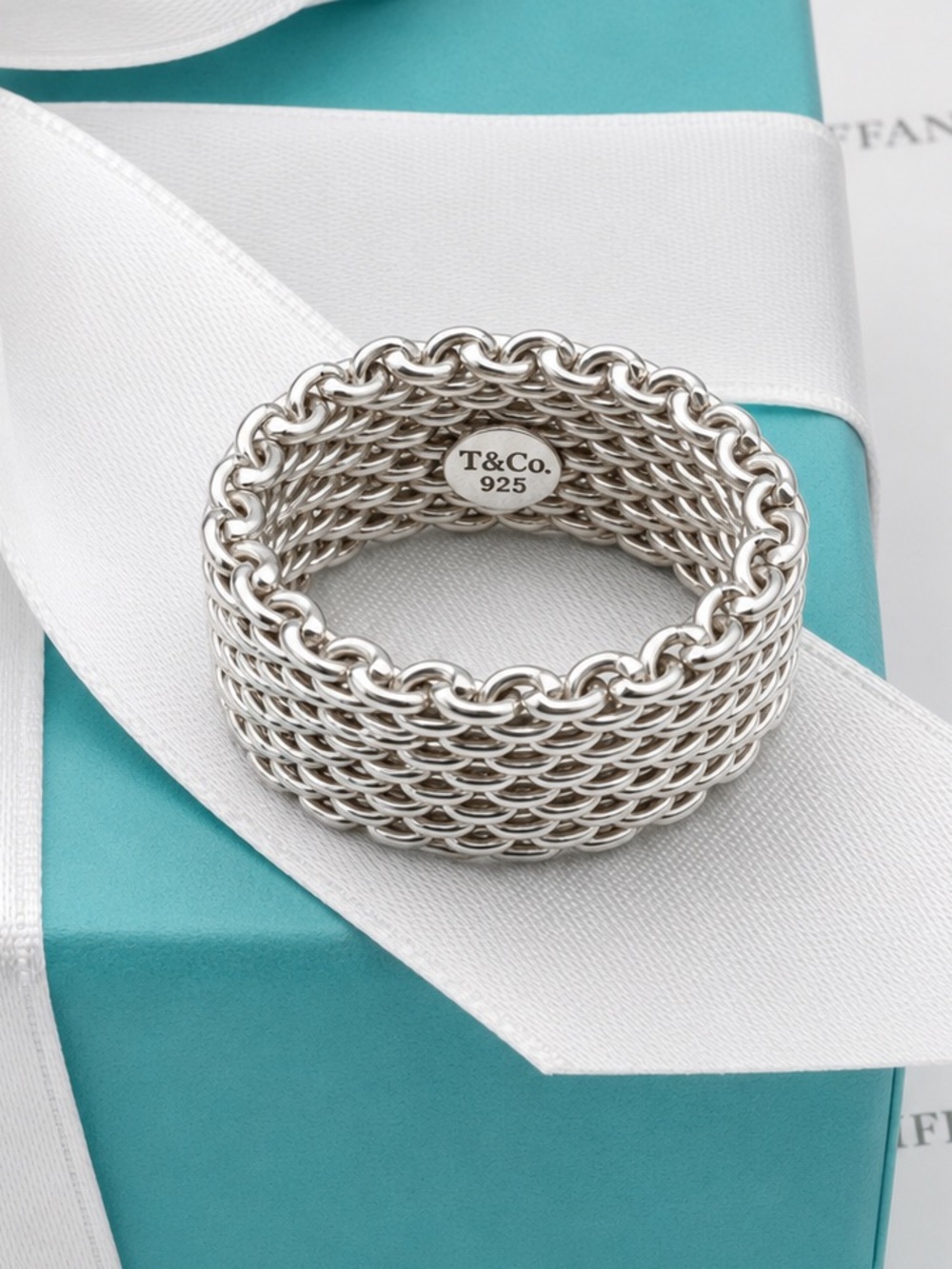 Tiffany & Co. Somerset Mesh Ring Band Sterling Silver 925 Size 7 Gift Box Pouch